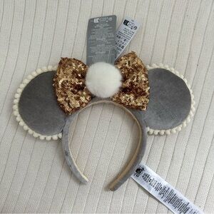 Disney Parks Christmas Holiday Pom Pom Minnie Ears Headband Gray and Sequin Gold